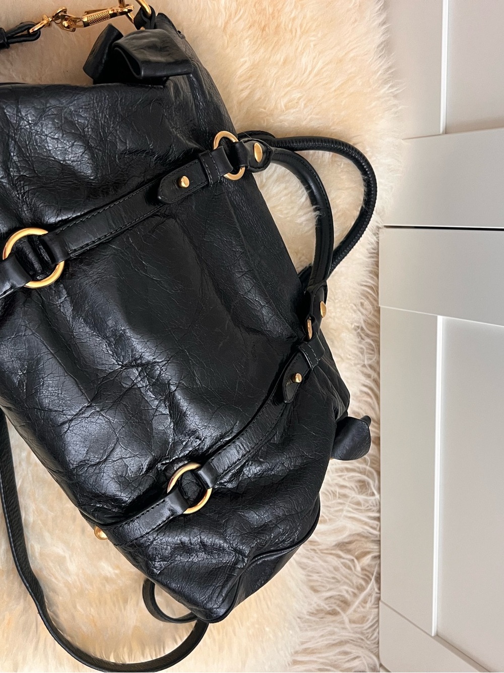 Miu Miu Vitello Lux Black Leather Side Ribbon Bow 2Way Shoulder Bag Archive Y2K - Picture 7 of 16